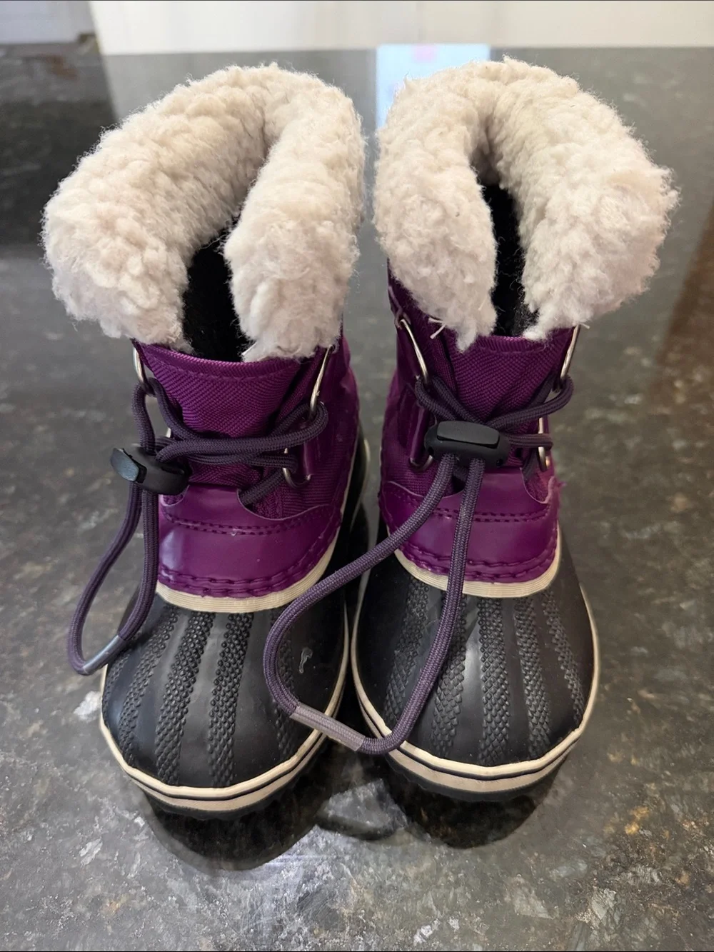 Sorel Kids Purple and Black Winter Boot with Cream Faux-Fur Collar